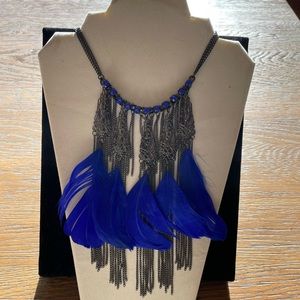 Art Deco & Sapphire Feathers Statement Necklace with Stud Earrings, NWT